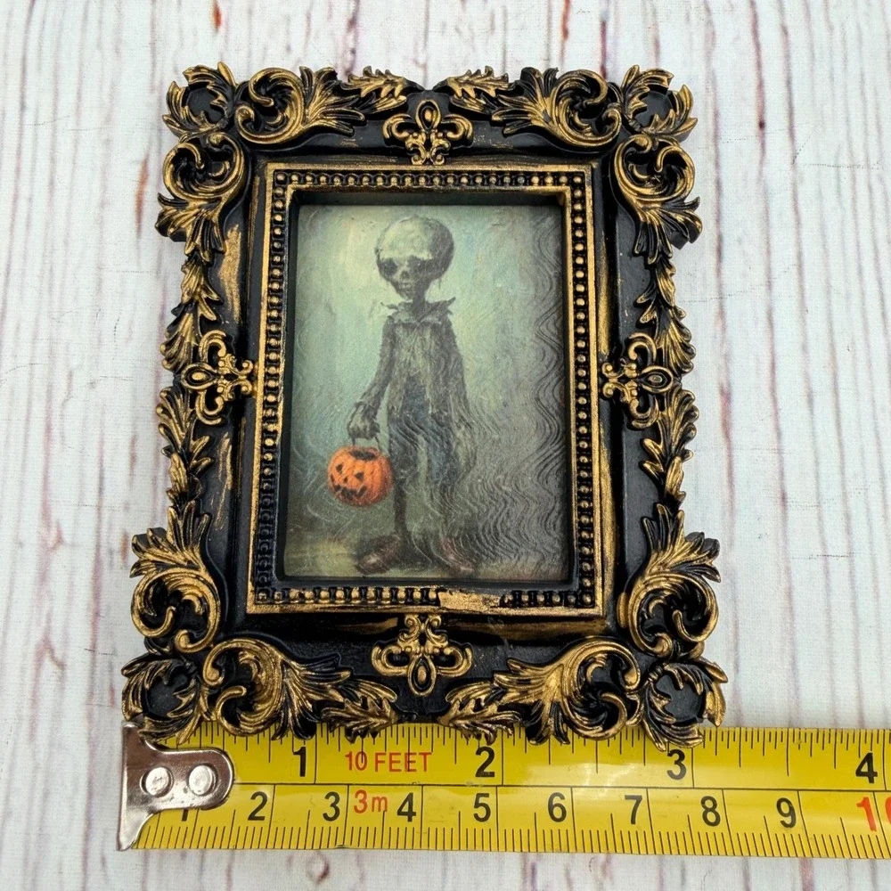 Gothic Halloween Skeleton Art Ornate Black Gold Resin Frame Zombie Pumpkin Print